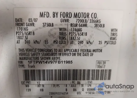 2007 Ford F-150 Fx4/Lariat/Xlt from USA, damaged, VIN 1FTPW14V97FB11985